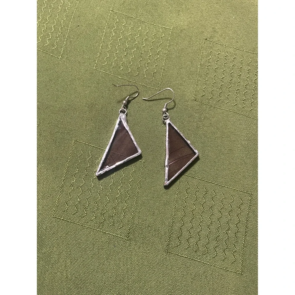 Handmade Geometric Stained Glass Triangle Dangle Earrings Purple Silver Tone
